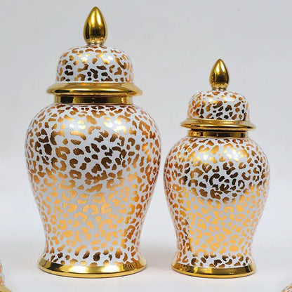 Vintage white ceramic checkmate jar with gold leopard print and golden lids for decorbites leopard print decor