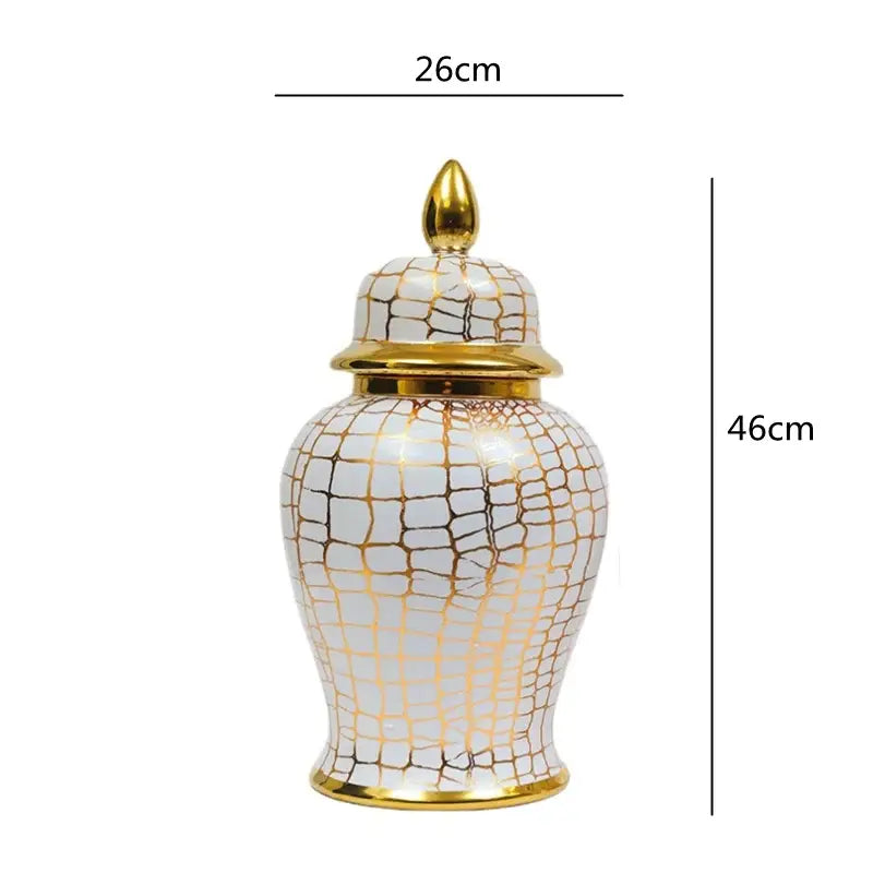 Elegant white ceramic checkmate jar with gold crackle glaze and leopard print decorbites leopard print living room vase