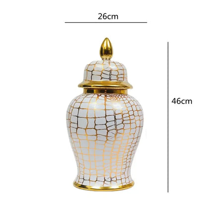 Elegant white ceramic checkmate jar with gold crackle glaze and leopard print decorbites leopard print living room vase