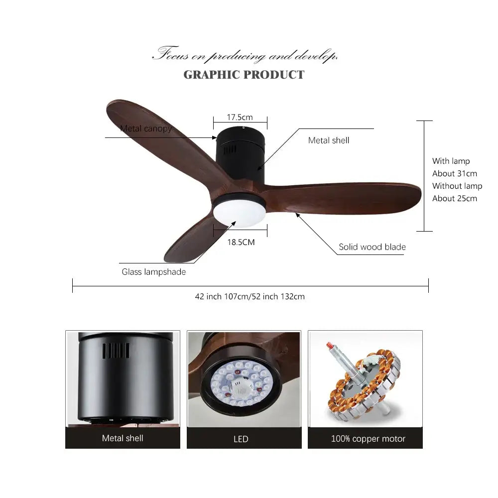 Modern ceiling fan with dark brown wood blades and black metal LED lamp for vintage white wood ceiling fan with remote control