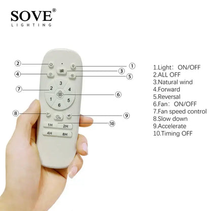 A sleek off-white plastic remote control for a vintage white and wood ceiling fan in bedroom use