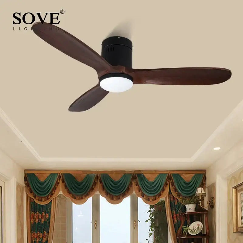 Sove ceiling fan with dark brown wood blades and black housing featuring integrated light for bedroom remote control use