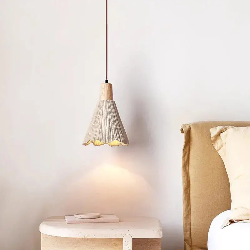 Vintage white cement led pendant lamp with beige textured fabric shade and wooden top for dining room decorbites cement led