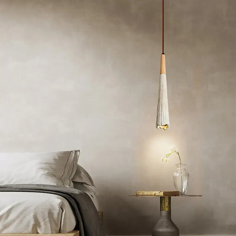 Vintage white cement led pendant lamp with wooden top and textured fabric body for dining room decorbites cement led