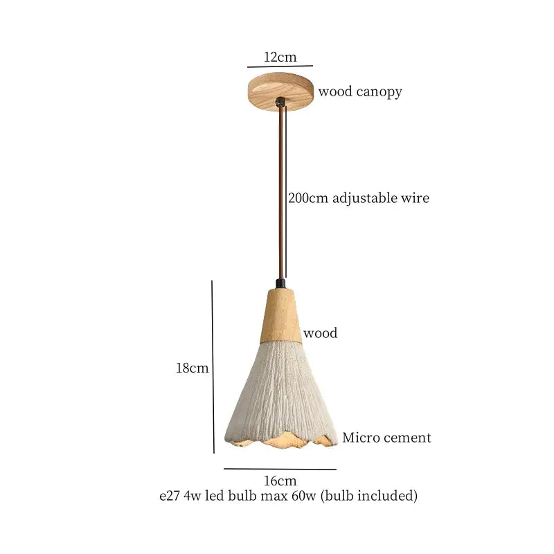 Vintage white cement led pendant lamp with natural wood canopy and conical micro cement shade for dining room decorbites cement led
