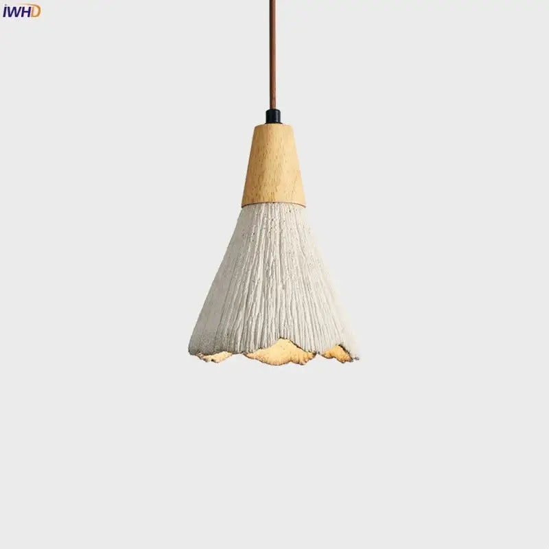 Vintage white cement led pendant lamp with a conical textured shade and wood top for dining room decorbites cement led