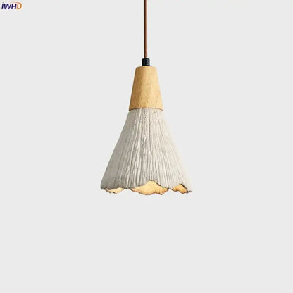 Vintage white cement led pendant lamp with a conical textured shade and wood top for dining room decorbites cement led