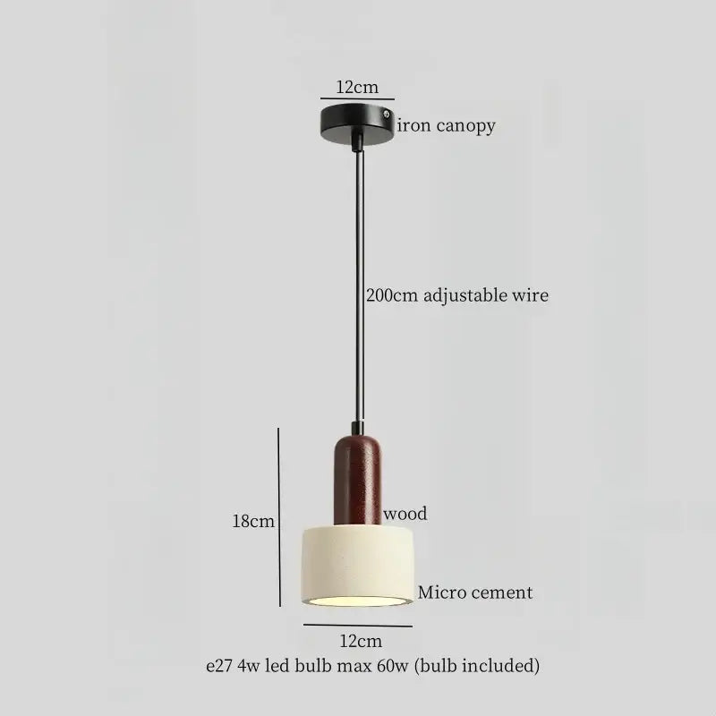 Vintage white cement led pendant lamp with dark wood cylindrical shade and black iron canopy for dining room decorbites cement led