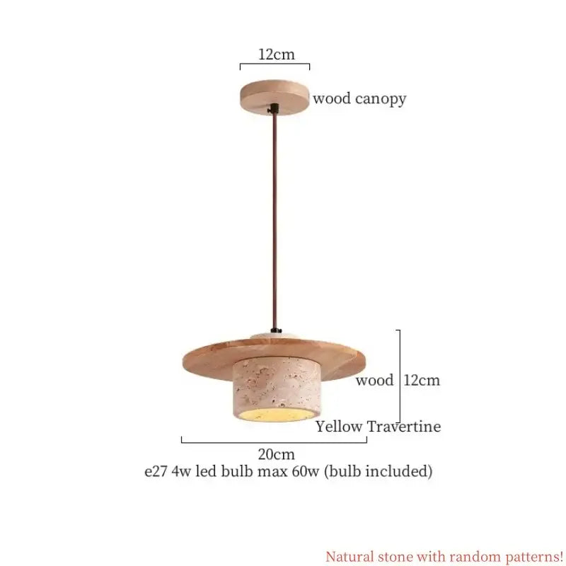 Vintage white cement led pendant lamp with rustic wood canopy and yellow travertine body for dining room decorbites cement led
