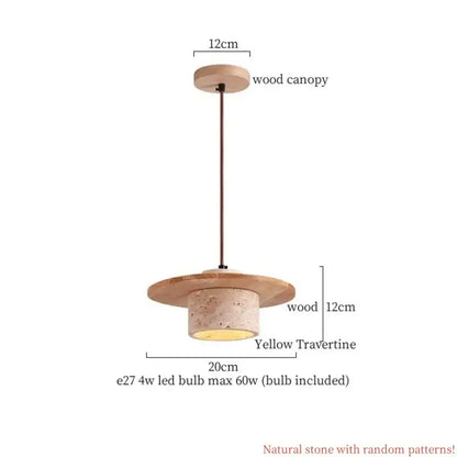 Vintage white cement led pendant lamp with rustic wood canopy and yellow travertine body for dining room decorbites cement led