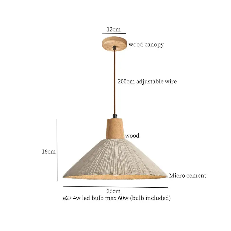 Vintage white cement led pendant lamp with rustic wood canopy and beige textured shade for dining room decorbites cement led