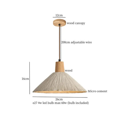Vintage white cement led pendant lamp with rustic wood canopy and beige textured shade for dining room decorbites cement led