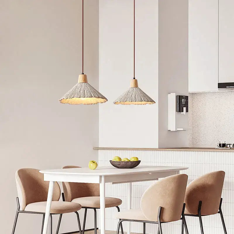 Two natural-toned woven shades with wooden tops on cement led pendant lamps for dining room decorbites cement led lighting