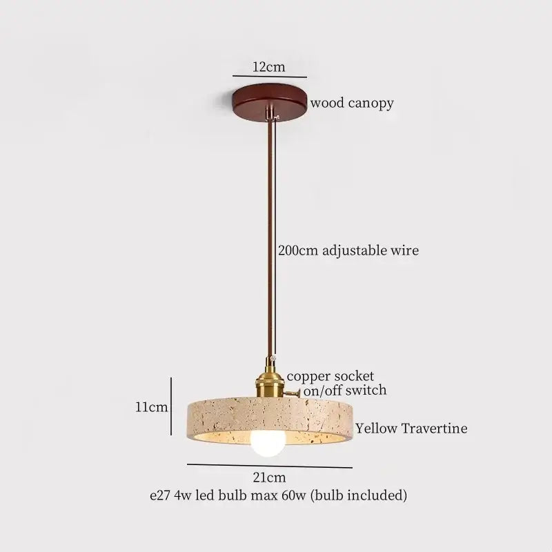 Vintage white cement led pendant lamp featuring yellow travertine shade, bronze wood canopy, and adjustable copper wire for decorbites cement led