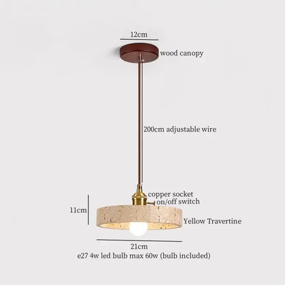 Vintage white cement led pendant lamp featuring yellow travertine shade, bronze wood canopy, and adjustable copper wire for decorbites cement led