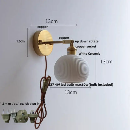 A vintage white ceramic and copper canopy led wall sconce with vertical ridges and adjustable socket for bedroom decorbites copper canopy