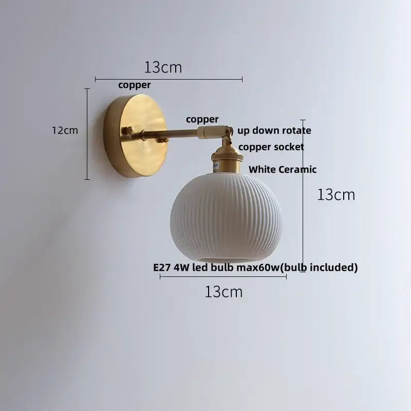 Vintage white ceramic wall sconce with ribbed globe and decorbites copper canopy led arm for bedroom light decor