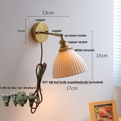 Vintage white ceramic and copper canopy led wall sconce with brass copper finish and ridged lampshade for bedroom decorbites copper canopy
