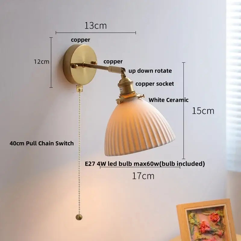 Vintage white ceramic and copper canopy led wall sconce with antique brass finish and included e27 led bulb for bedroom decorbites copper canopy