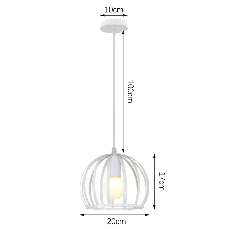 Vintage white metal dome shade loft pendant light featuring a white spherical cage frame and exposed bulb decorbites dome shade