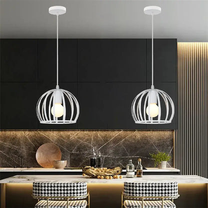 White cage-style metal pendant light with decorbites dome shade loft design for modern dining room decor