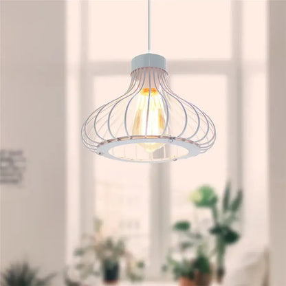 Vintage white metal dome shade loft pendant light with white wire cage and warm glowing bulb for dining room decorbites dome shade