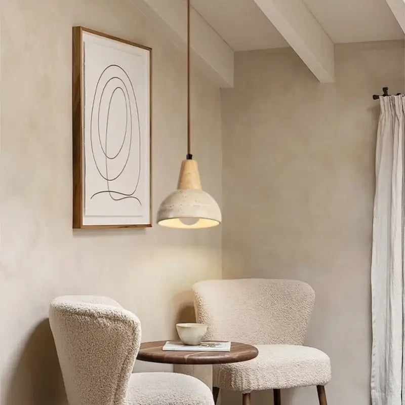 Minimalist led vintage hanging pendant light with textured off-white ceramic shade and wood-toned top for kitchen dining room