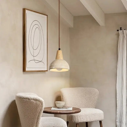 Minimalist led vintage hanging pendant light with textured off-white ceramic shade and wood-toned top for kitchen dining room