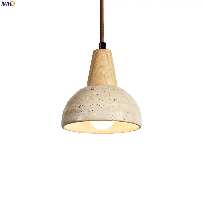 Vintage wood and concrete led pendant light with speckled beige shade and brown fabric cord for kitchen dining room