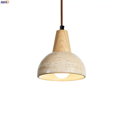 Vintage wood and concrete led pendant light with speckled beige shade and brown fabric cord for kitchen dining room