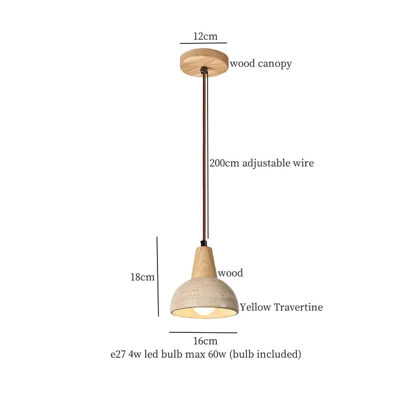 Vintage hanging lamp with a natural wood canopy, adjustable bronze wire, and yellow travertine shade led pendant light