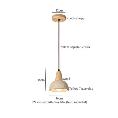Vintage hanging lamp with a natural wood canopy, adjustable bronze wire, and yellow travertine shade led pendant light