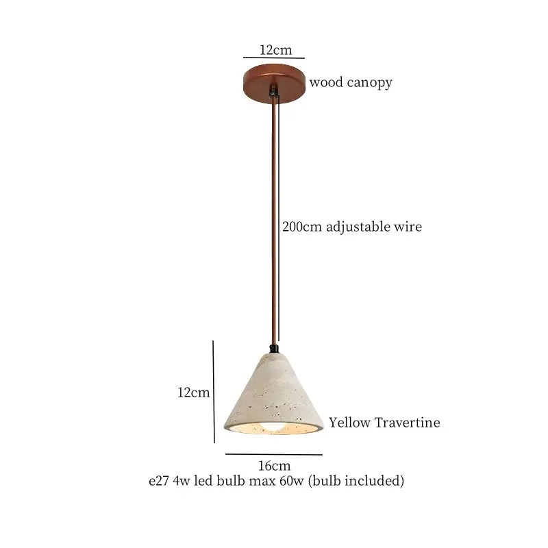 Vintage hanging lamp featuring a rustic wood canopy, adjustable bronze wire, and yellow travertine stone pendant light for kitchen