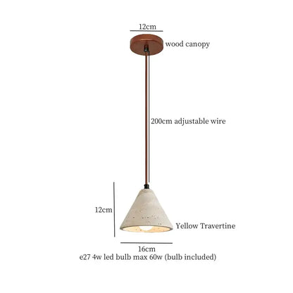 Vintage hanging lamp featuring a rustic wood canopy, adjustable bronze wire, and yellow travertine stone pendant light for kitchen
