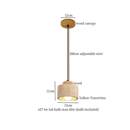 Vintage wood and concrete led pendant light with wooden canopy and yellow travertine shade for kitchen dining room