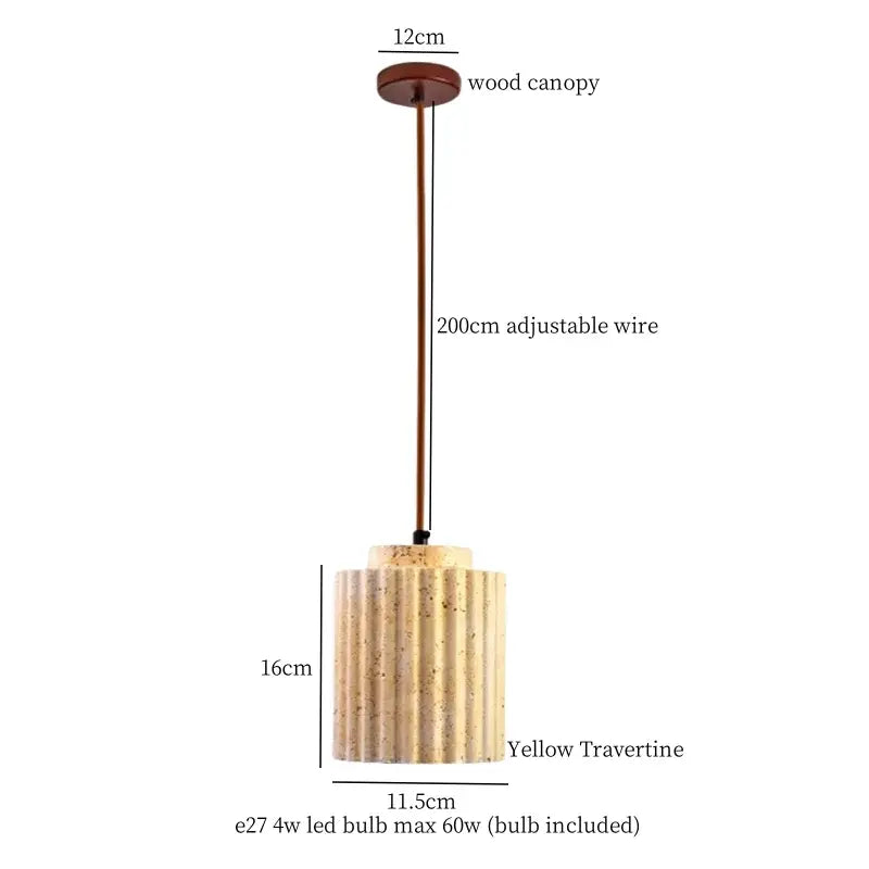 Yellow travertine pendant light with fluted cylindrical shade and wooden canopy vintage hanging lamp for kitchen