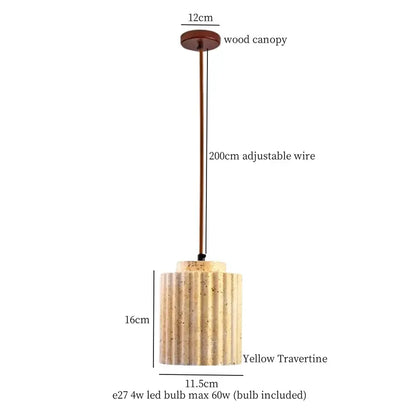 Yellow travertine pendant light with fluted cylindrical shade and wooden canopy vintage hanging lamp for kitchen