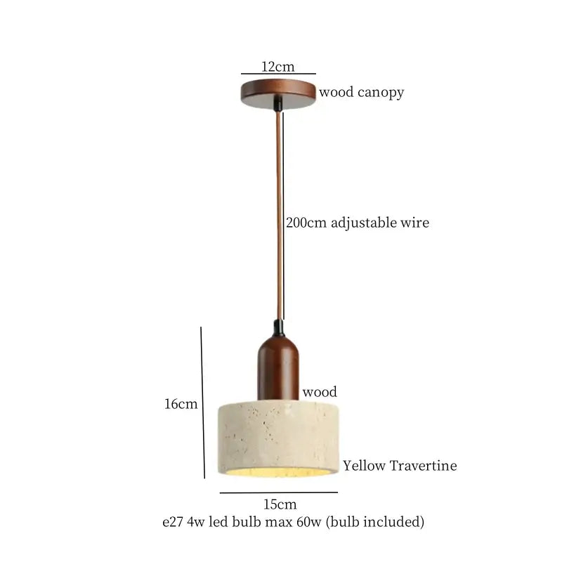 Vintage hanging lamp featuring a warm brown wooden canopy and stem with a textured yellow travertine shade pendant light