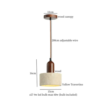 Vintage hanging lamp featuring a warm brown wooden canopy and stem with a textured yellow travertine shade pendant light