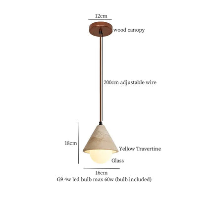 Vintage wood and concrete led pendant light with warm wood canopy and yellow travertine shade for kitchen dining room