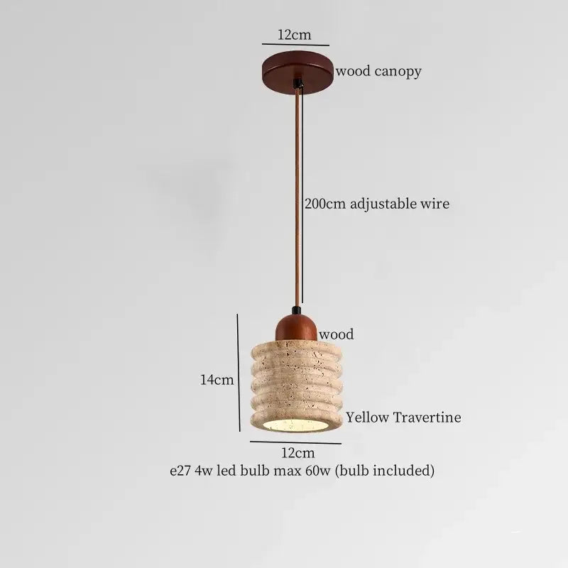 Vintage hanging lamp pendant light with warm wood canopy, adjustable bronze wire, and yellow travertine shade for kitchen