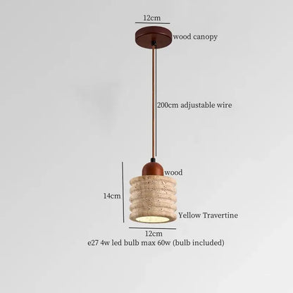 Vintage hanging lamp pendant light with warm wood canopy, adjustable bronze wire, and yellow travertine shade for kitchen