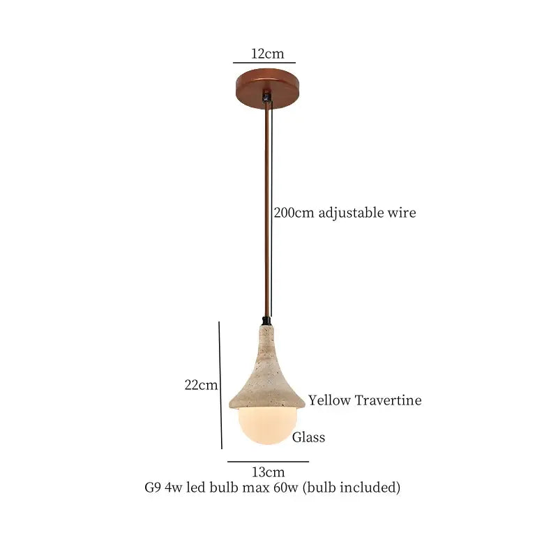 A led vintage hanging pendant light with a textured yellow travertine shade and bronze wire for kitchen dining room