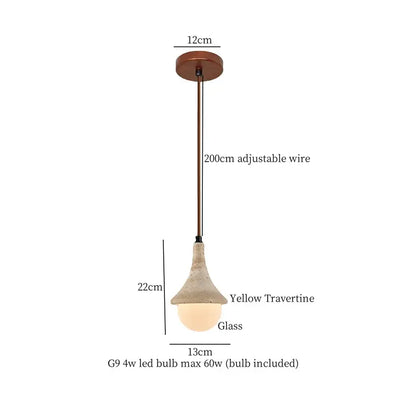 A led vintage hanging pendant light with a textured yellow travertine shade and bronze wire for kitchen dining room