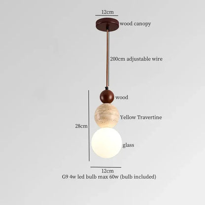 Vintage wood and concrete led pendant light with dark wood canopy yellow travertine spheres and opaque white glass globe