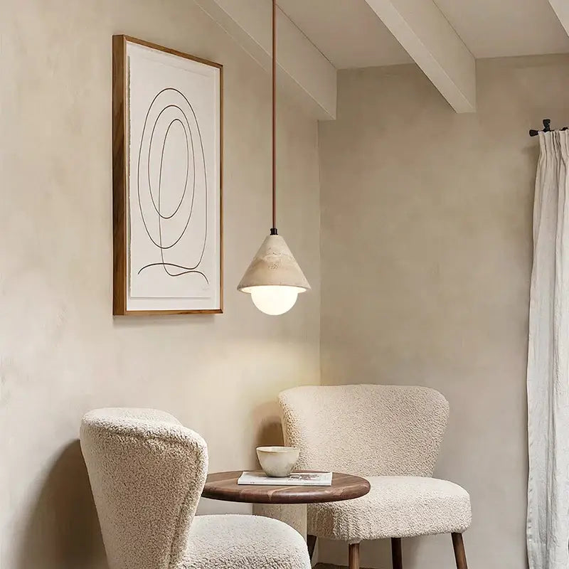 Vintage wood and concrete led pendant light with textured off-white conical shade and copper chain for kitchen dining room