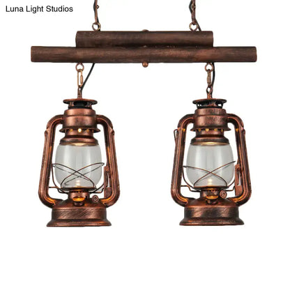 DecorBites copper lantern island light with clear glass globes and rustic wooden beam for kitchen hanging fixture