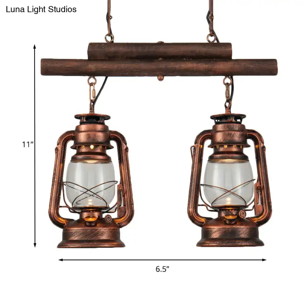DecorBites copper lantern island light with clear glass globes and rustic wooden bar for kitchen hanging fixture