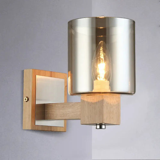 Vintage wood and smoke glass shade wall lamp with cylindrical glass shade and wall mount for bedroom sconce lighting