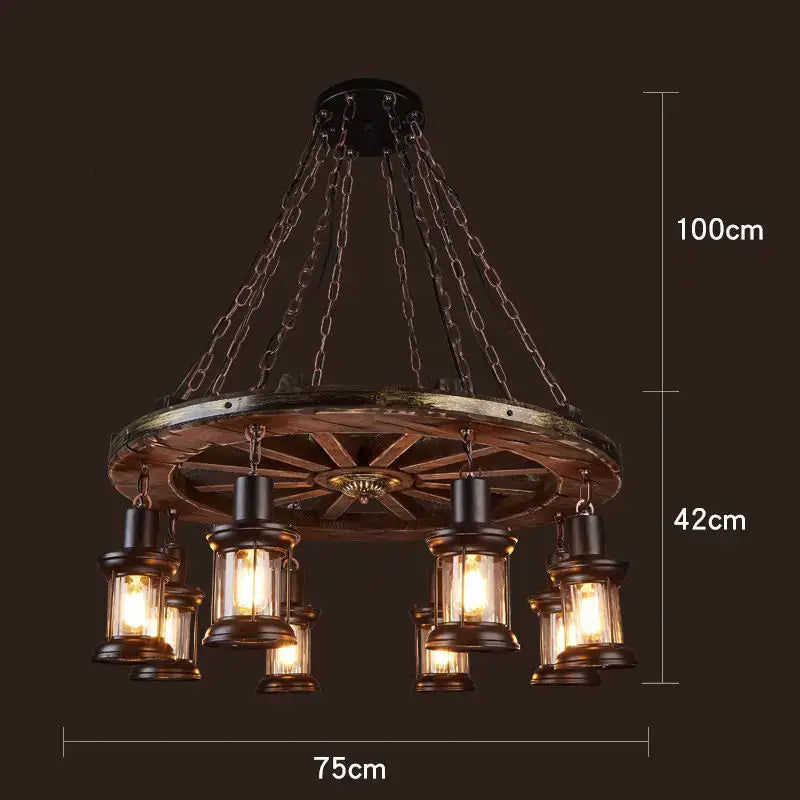 Rustic vintage wood ceiling chandelier with wooden wagon wheel design wrought iron chains and lantern-style lights
